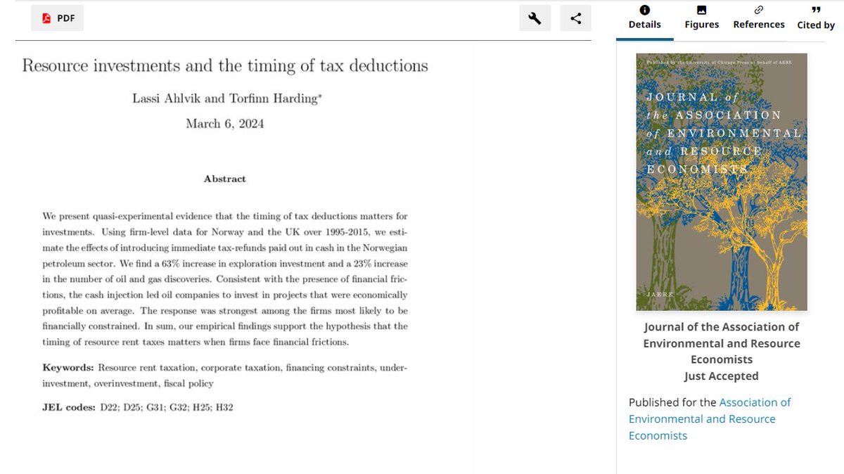 How can we tax companies without distorting investments?

1. Tax profits, allowing firms to deduct investment costs 
2. Pay out these deductions immediately, in cash if needed

Our new paper w/<a href="/tfharding/">Torfinn Harding</a>, accepted at <a href="/JaereAere/">JAERE</a>  provides theoretical and empirical support for this