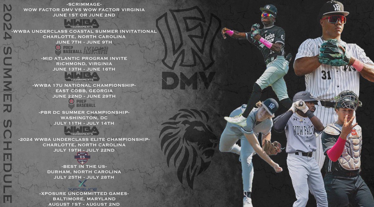 We gambled and were officially locked in - schedule for 2024 summer 🦁 #TheBrand @WowFactorNation @CoachG_MD @omarino_13 @PBR_Uncommitted @PrepBaseballVA @JJenkins_33 @c3price @BUSShowcase @PGMidAtlantic @Xposure_Sports @WowFactorScout1 @Wow_Lions @PG_Georgia