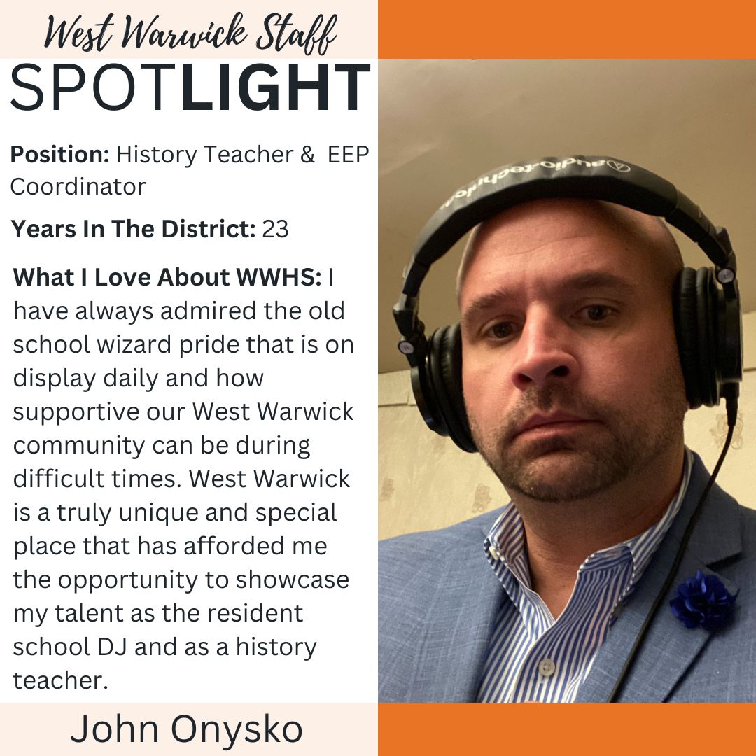 Congratulations to this week's WWHS Staff Spotlight, John Onysko! A fun fact about John is that he is an avid recreational fly fisherman! We appreciate him so much! Thanks for everything you do here at WWHS! #WWHSStaffSpotlight #WWHS #WestWarwickRI #WizardPride