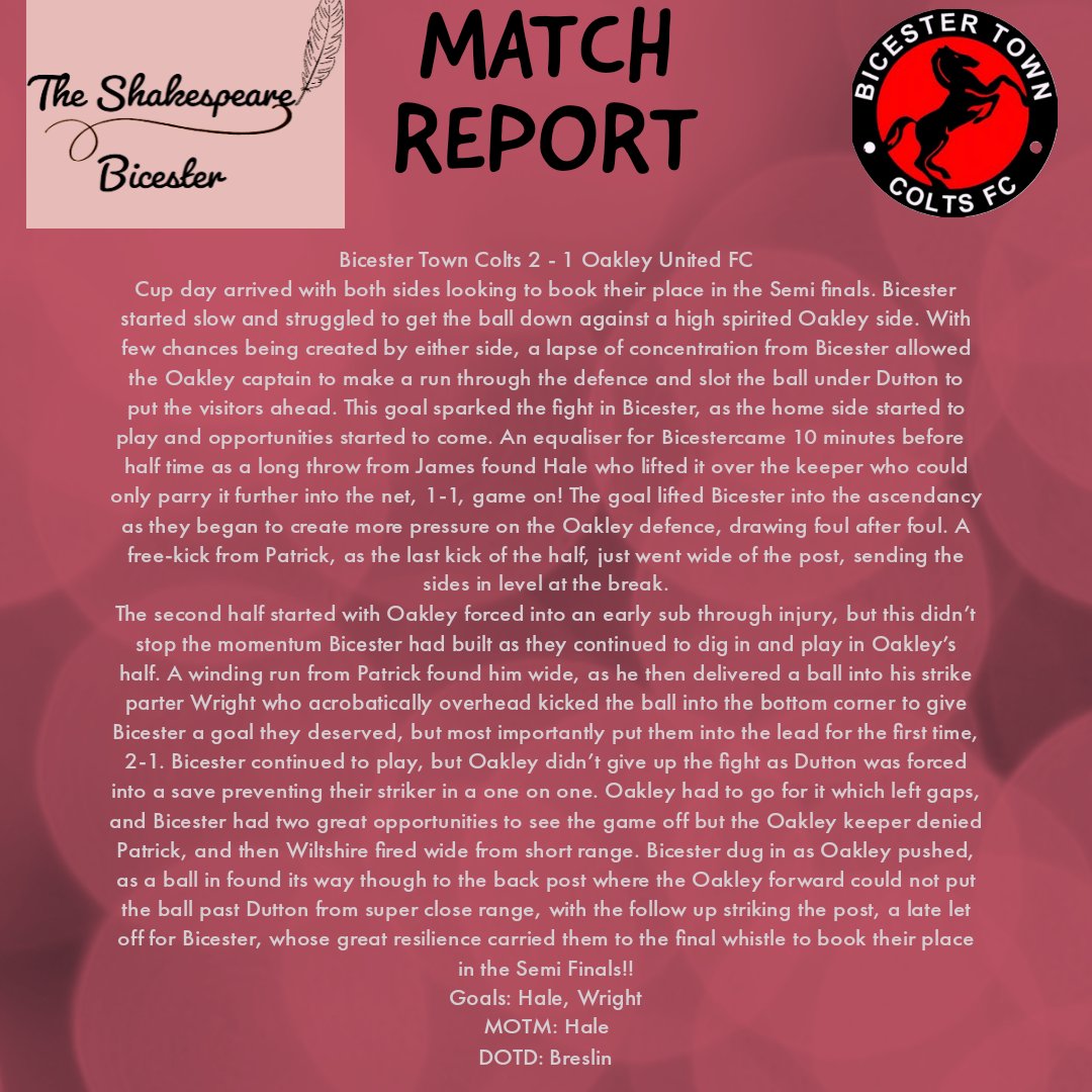 Official_BTCFC's tweet photo. MATCH REPORT
Bicester 2-1 @OakleyUtdFC
Semi finals here we come ππ΄β«
UTB π΄β«π΄β«
@OxonSeniorL @OxfordshireFA @OxOnFootball #OSLDIV1 #football #grassrootsfootball https://t.co/B1qZ1VVrvl
