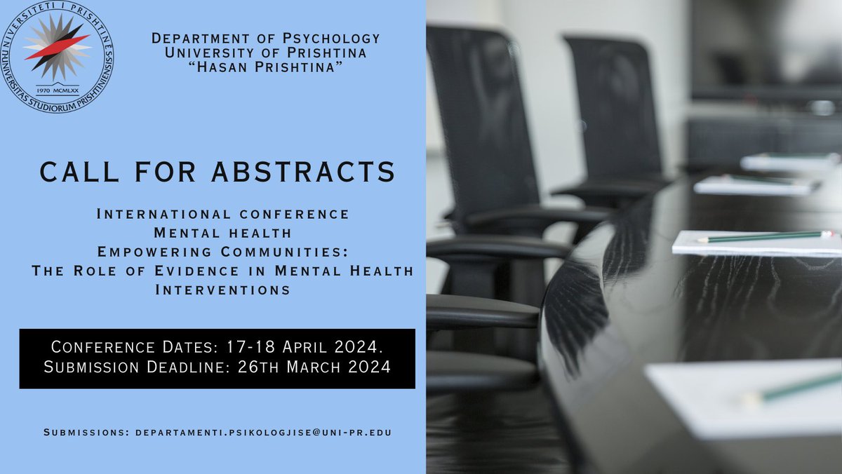 Rektorati's tweet photo. "Call for abstracts: Empowering Communities in Mental Health Interventions. Submit by March 26, 2024. Conference on April 17-18, 2024. Details: [https://t.co/hllzNSXeet] 🌍 #MentalHealth #CommunityInterventions #EvidenceBased" https://t.co/z7WA9WouG9