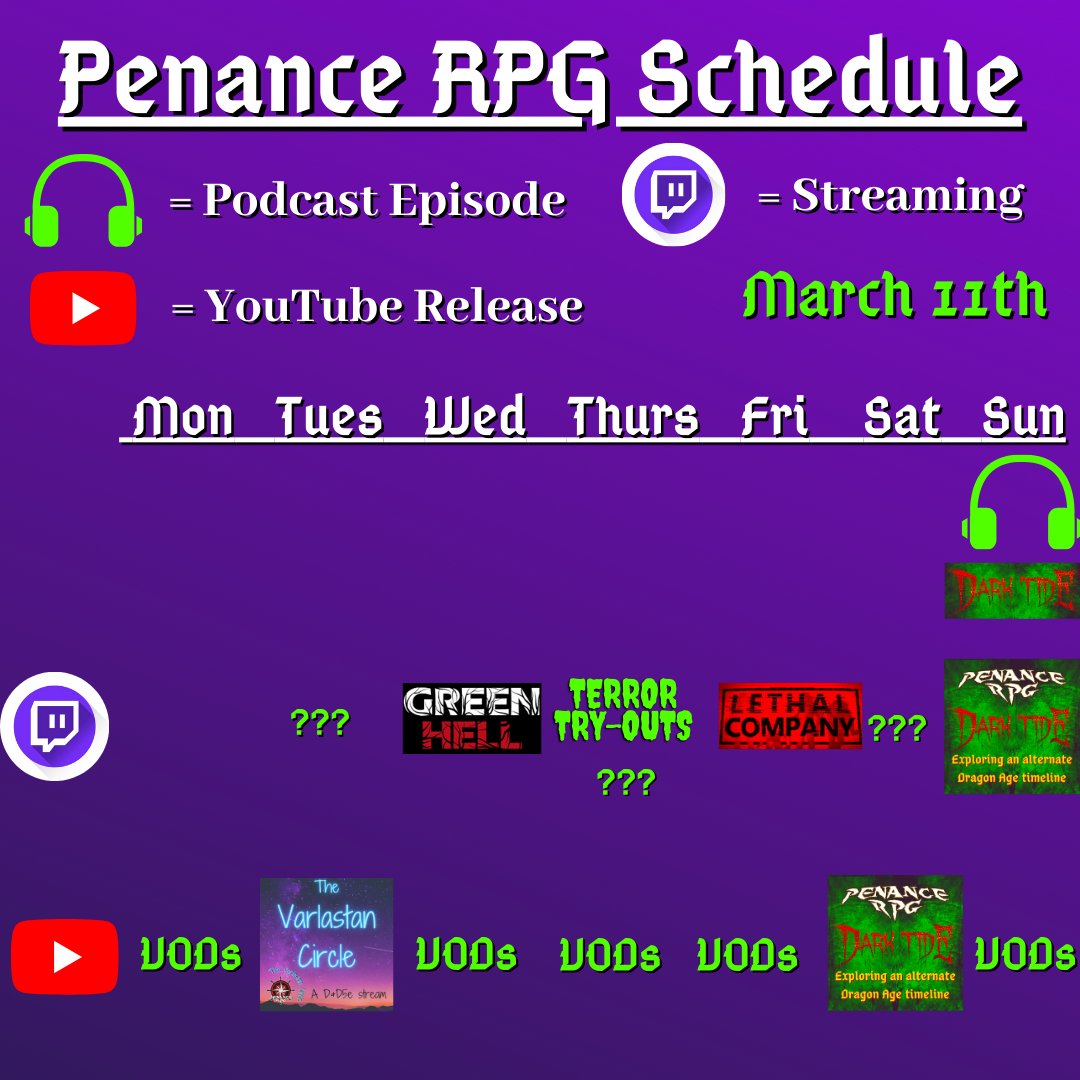 PenanceRPG's tweet photo. Where to find us this week:
https://t.co/ivwyB5qlyw

We have #TTRPG streams on #Twitch! They go up on #YouTube before the next stream #Horror &amp; co-op games daily

#indie #gaming #podcast #GamingPodcast #TTRPGs #TwitchAffiliate #TwitchStreamer #HorrorGames #RPG #DnD #HomeBrewRPG https://t.co/mJNs8JBfRg