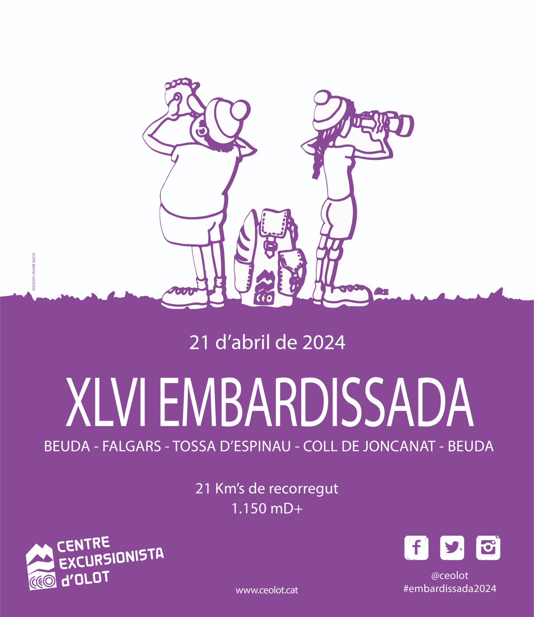 🥾💜 Ja la tenim aquí! El 21 d'abril t'esperem a l'Embardissada, aquest any començant a Beuda i amb un recorregut de 21 Km's i 1150 mD+

📅🎟️ OBERTURA D'INSCRIPCIONS: 21 de març

Més informació a ceolot.cat

#embardissada #embardissada2024 #SomCEOlot #CEOlot