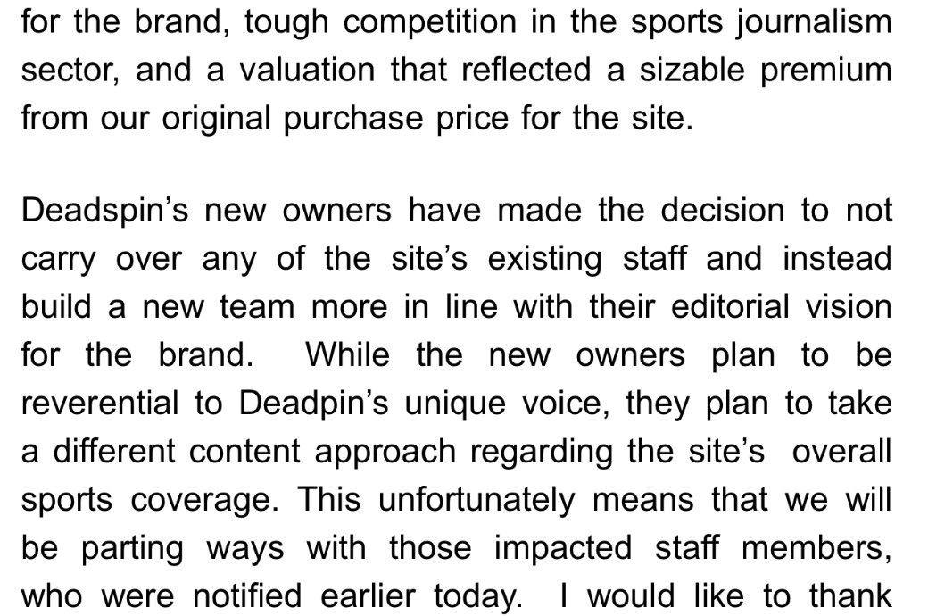 CollinRugg's tweet photo. NEW: Deadspin has been sold by G/O Media and has fired their entire staff.

The media is going broke in real time.

Deadspin was well-known for defaming a young boy as wearing "blackface" at a Kansas City Chiefs game.

According to the Daily Beast, staff were locked out of their accounts and told to leave immediately.

"Deadspin’s new owners have made the decision not to carry over any of the site’s existing staff and instead build a new team more in line with their editorial vision for the brand," G/O CEO Jim Spanfeller said in an email.

"While the new owners plan to be reverential to Deadspin’s unique voice, they plan to take a different content approach regarding the site’s overall sports coverage."