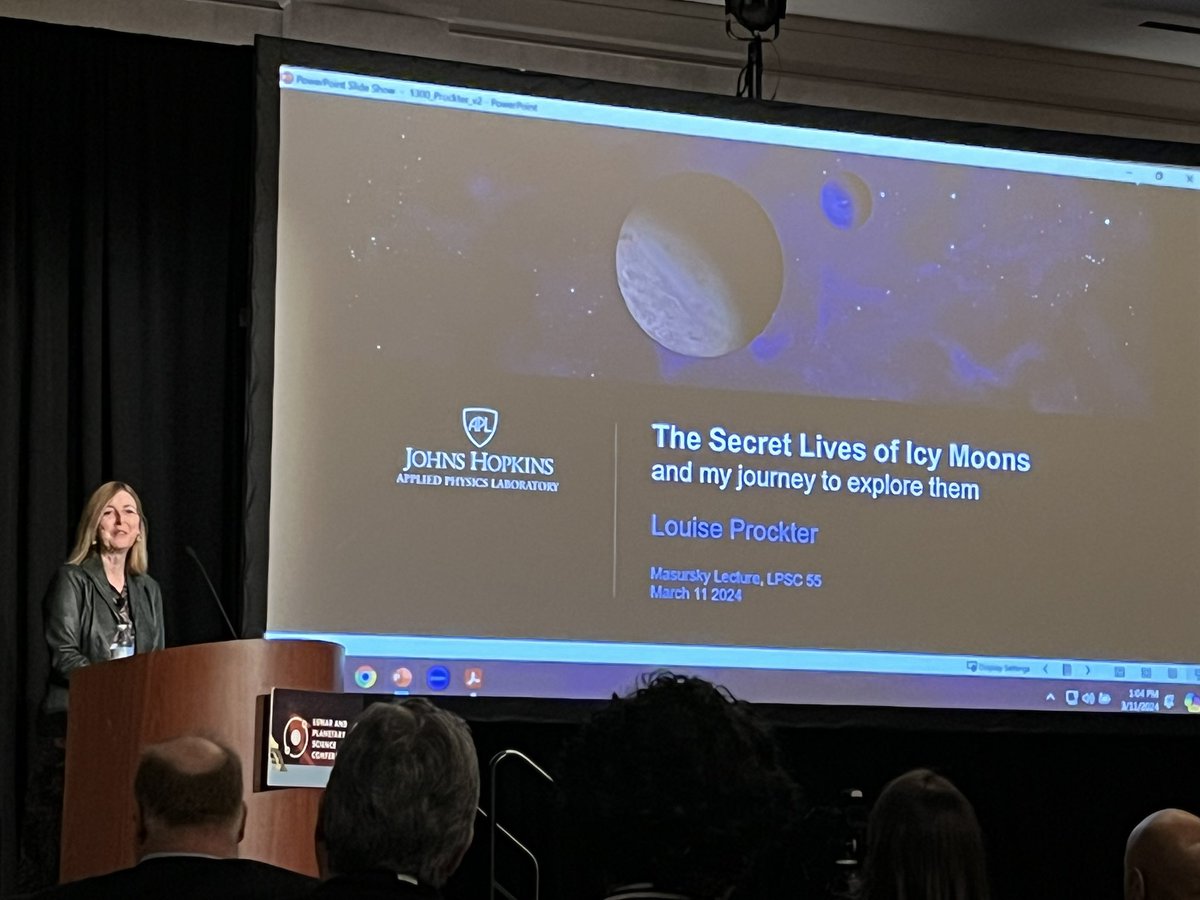 RPappalardo's tweet image. Louise Prockter killing it in giving the Masursky Lecture at #LPSC2024, including key Europa science and history of the @EuropaClipper mission.