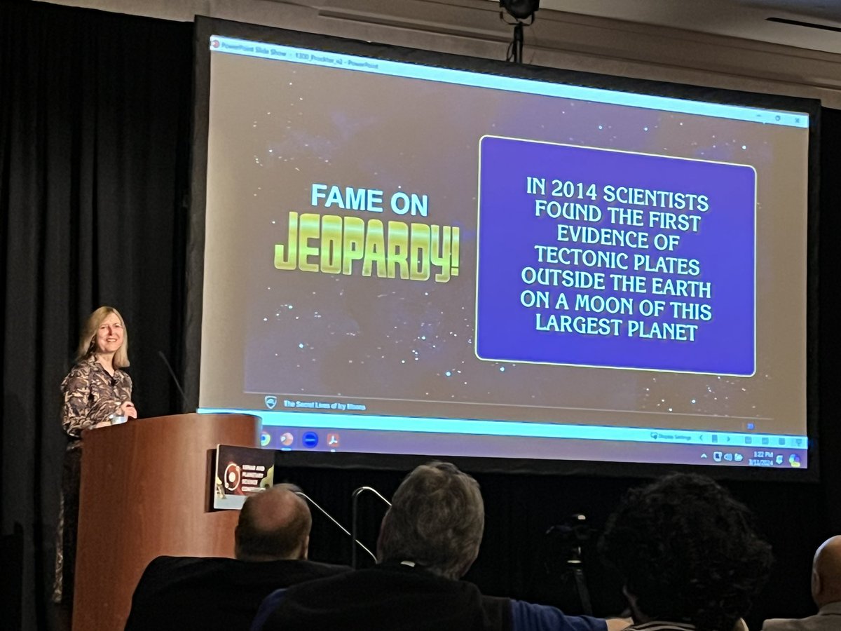 RPappalardo's tweet image. Louise Prockter killing it in giving the Masursky Lecture at #LPSC2024, including key Europa science and history of the @EuropaClipper mission.