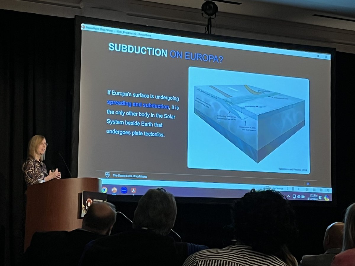 RPappalardo's tweet image. Louise Prockter killing it in giving the Masursky Lecture at #LPSC2024, including key Europa science and history of the @EuropaClipper mission.