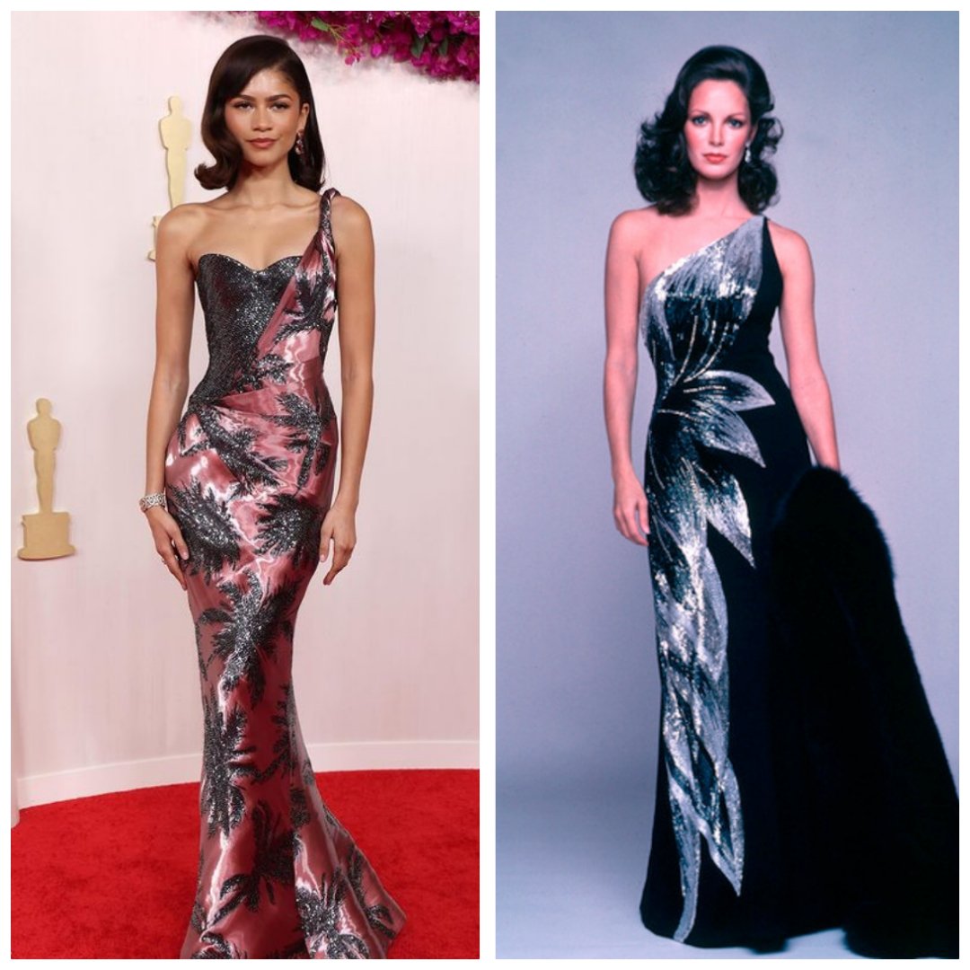 When I saw Zendaya's dress on the red carpet on Oscar night,I immediately thought of #realjaclynsmith's iconic dress in The Users.The same pattern across to slim the figure,one shoulder.The dress designed by @NolanMiller has a single large flower that wraps around Jaclyn's figure