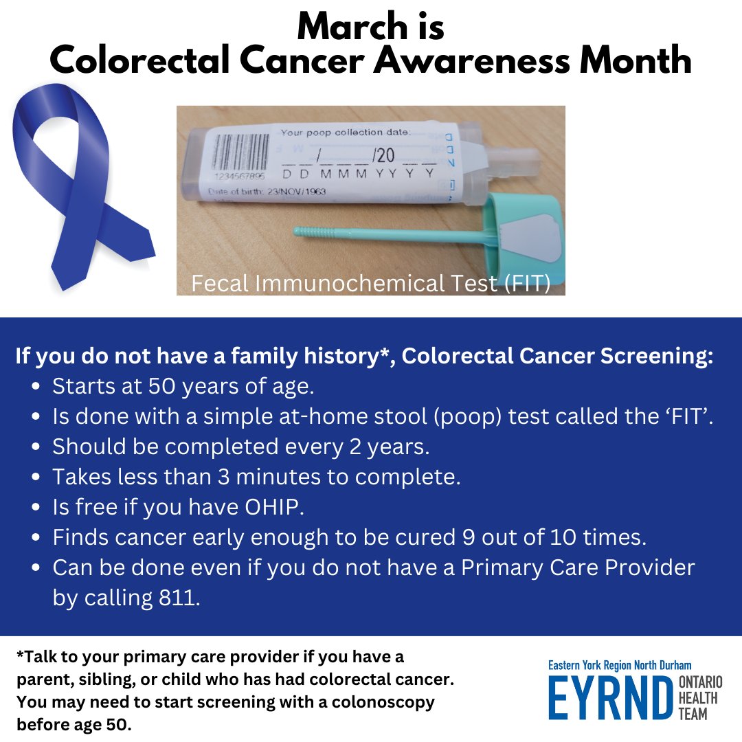 EYRND_OHT's tweet photo. When caught early, 9 out of 10 people with colon cancer can be cured. Talk to your family doctor (or call 811 if you don’t have one) to get your FIT test today. 

--
#colorectalcancerawareness #oht #integratedcare https://t.co/dl2tNYPswl