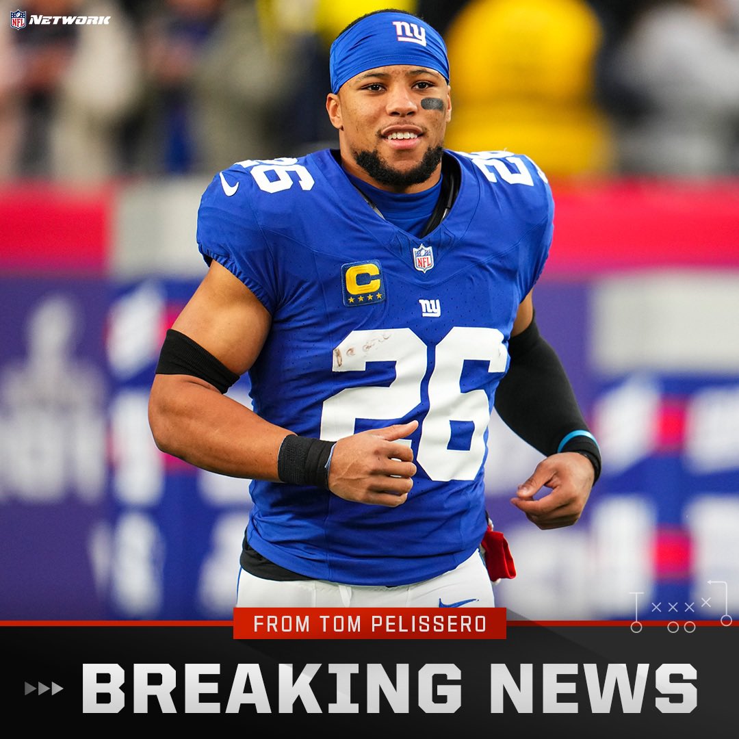 TomPelissero's tweet photo. Shakeup in the NFC East: Two-time Pro Bowl RB Saquon Barkley is leaving the #Giants to sign with the division rival #Eagles, per sources. 

Barkley, 27, grew up an hour outside Philadelphia and starred at Penn State. Now he’s back — and gets to face his old team twice a year. https://t.co/vLhB2L3wrS
