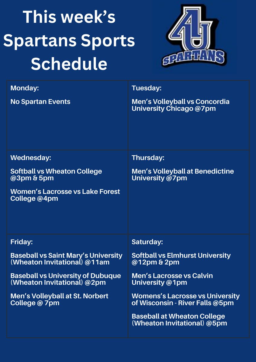 This week's Spartans sports schedule. Best of luck to all our athletes and make sure to show your support!
#GoSpartans #weareoneAU