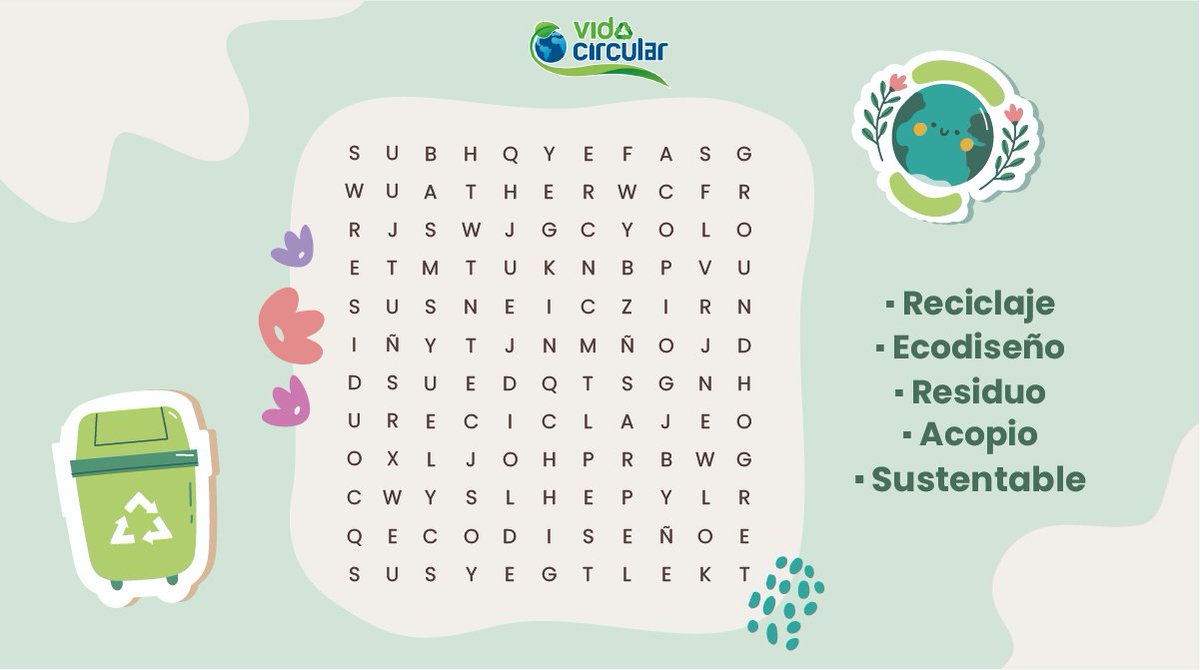 VidacircularMX's tweet photo. 🌱💡¿Listos para un reto sustentable? Encuentra 5 términos clave sobre #sustentabilidad en nuestra sopa de letras y comparte tus resultados.
#EconomíaCircular #SopaDeLetras #VidaCircular https://t.co/qXweFL3S4P