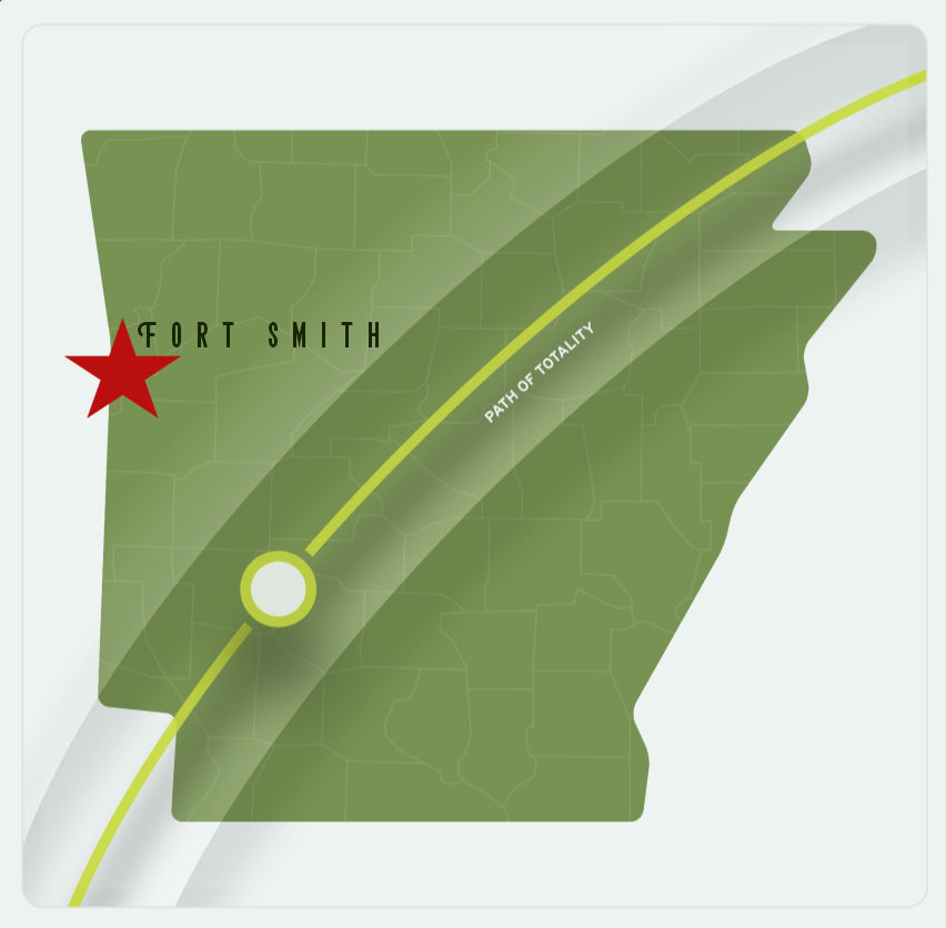 Chase the celestial spectacle in the heart of The Natural State! 🌒✨Stay the night here in Fort Smith for a perfect launchpad. Book your stay now and make your eclipse experience truly unforgettable! 🏨✨ #FortSmithGateway #StayAndStargaze #2024Eclipse

graphic from <a href="/artourism/">Arkansas Tourism</a>