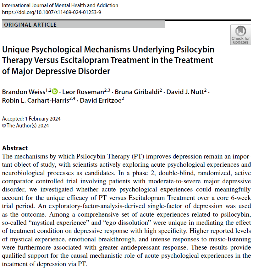 Extremely proud to share a recent publication examining the psychological mechanisms of action that are unique to Psilocybin Therapy versus SSRI Treatment, alongside @DavidErritzoe @RCarhartHarris @ProfDavidNutt @LeorRoseman & Bruna Giribaldi. link.springer.com/article/10.100…