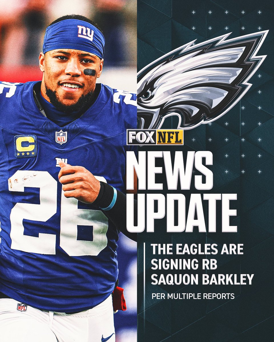 NFLonFOX's tweet photo. The Eagles are signing former Giants RB Saquon Barkley to a 3-year, $37.75M deal, per multiple reports. https://t.co/ZBGLfv9V0Z