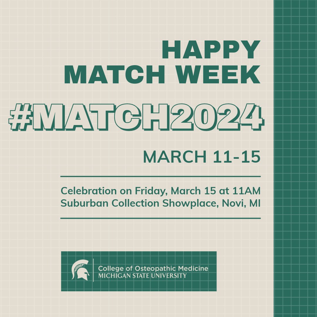 MSU_Osteopathic's tweet photo. Match Week is here! Wishing our students the best of luck this week. We encourage you to tag any congratulatory messages or match-related content using #Match2024, and #MatchThrowback for those with match memories to share! https://t.co/fxtc0vFd5y