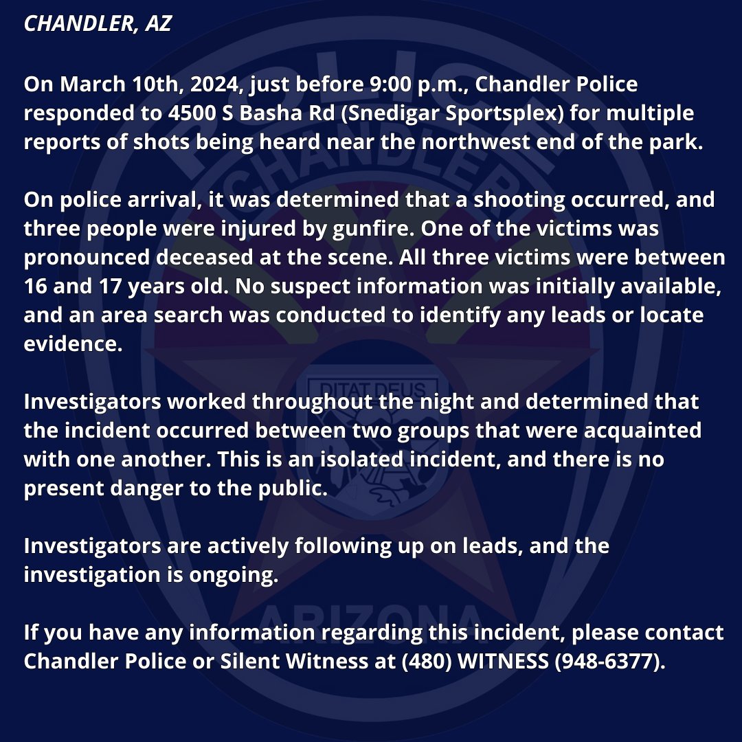 MEDIA RELEASE- Chandler Police Investigate Shooting Incident. @cityofchandler @SilentwitnessAZ #ChandlerPD #ChandlerAZ