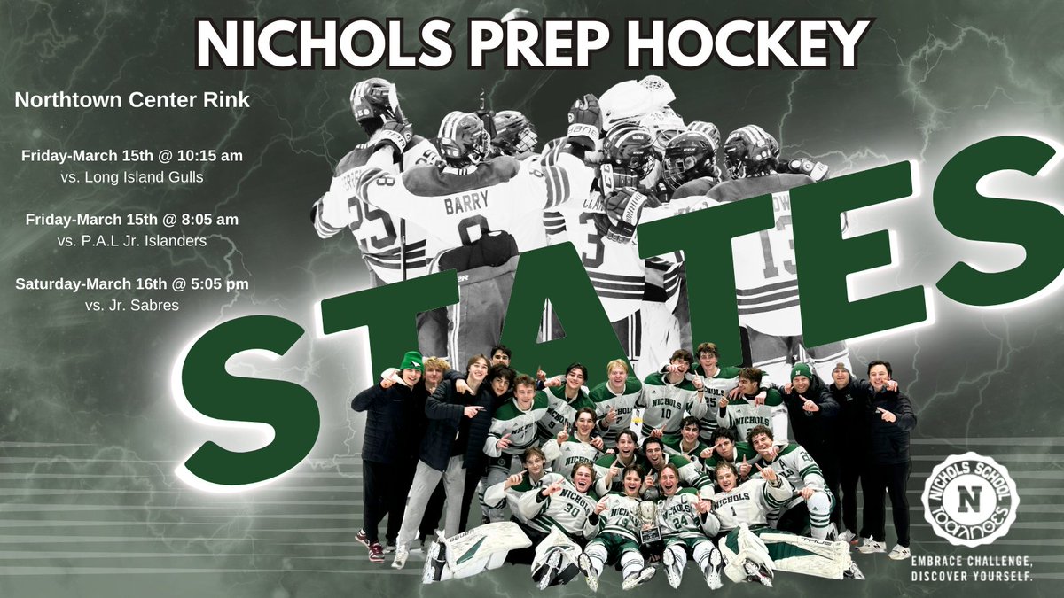 BIG WEEKEND for Nichols Hockey in the New York State tournament. First up are the Long Island Gulls with puck drop Friday morning at 10:15. Let's go Green! #CultureWins #ProcessWins #ItTakesWhatItTakes #Vitua