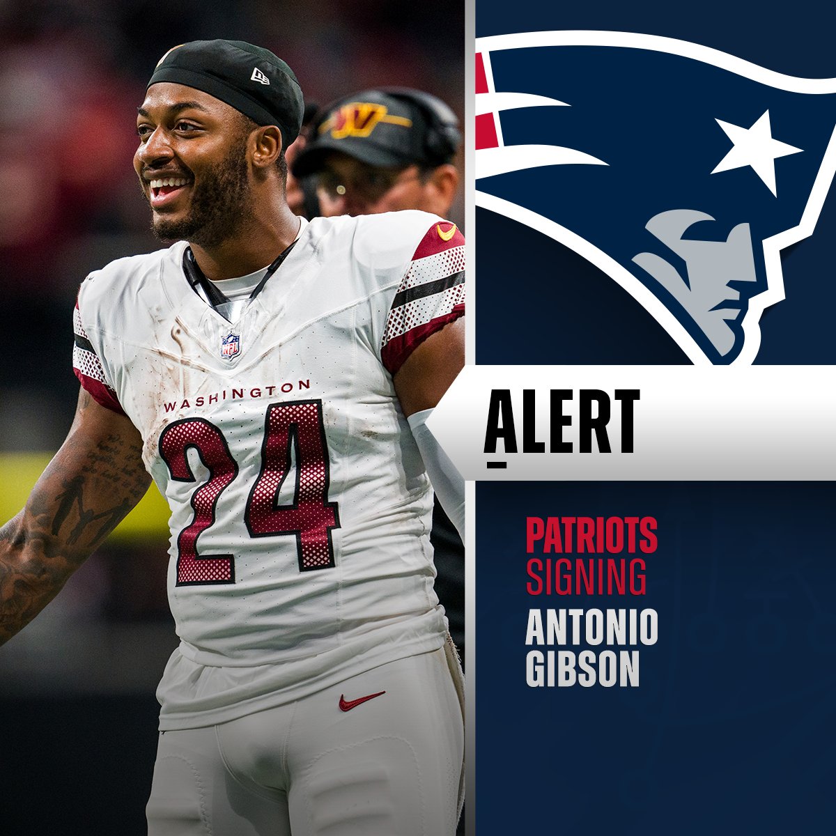 NFL's tweet image. Patriots signing RB Antonio Gibson. (via @RapSheet)