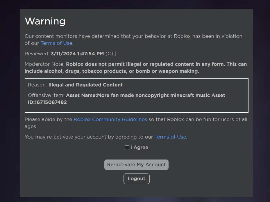 I uploaded a fan made Minecraft type music to <a href="/Roblox/">Roblox</a> and it says it's illegal?????

The music in video format: youtube.com/watch?v=bmEv7Q…