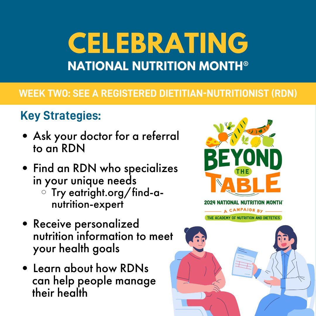 The National Nutrition Month® content continues! The theme of week two is seeing a registered dietitian-nutritionist (RDN). Stick with us as we share more about the work they do to promote healthful eating and, if desired, how you can start working with one!