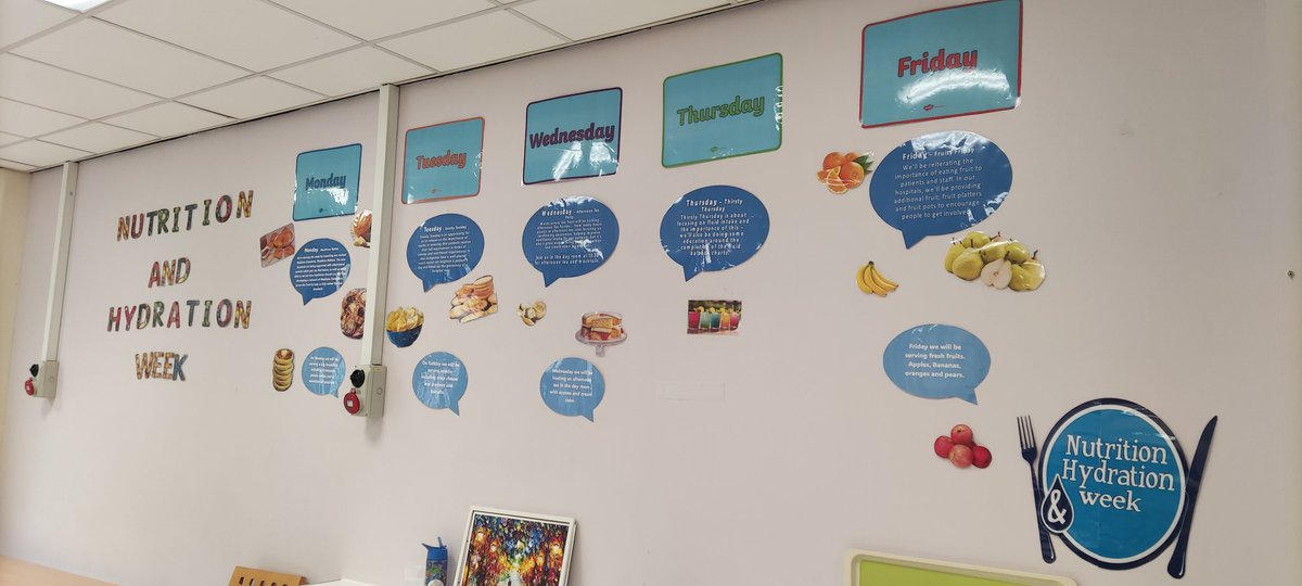 InruTrafford's tweet photo. Nutrition and hydration week kicked off on INRU today with tasty treats for our patients and the SLT team asking staff to identify different levels of fluids and a picture quiz. Looking forward to the rest of the week 🚰 🥐 #NutritionAndHydrationWeek https://t.co/YiId3nmrHG