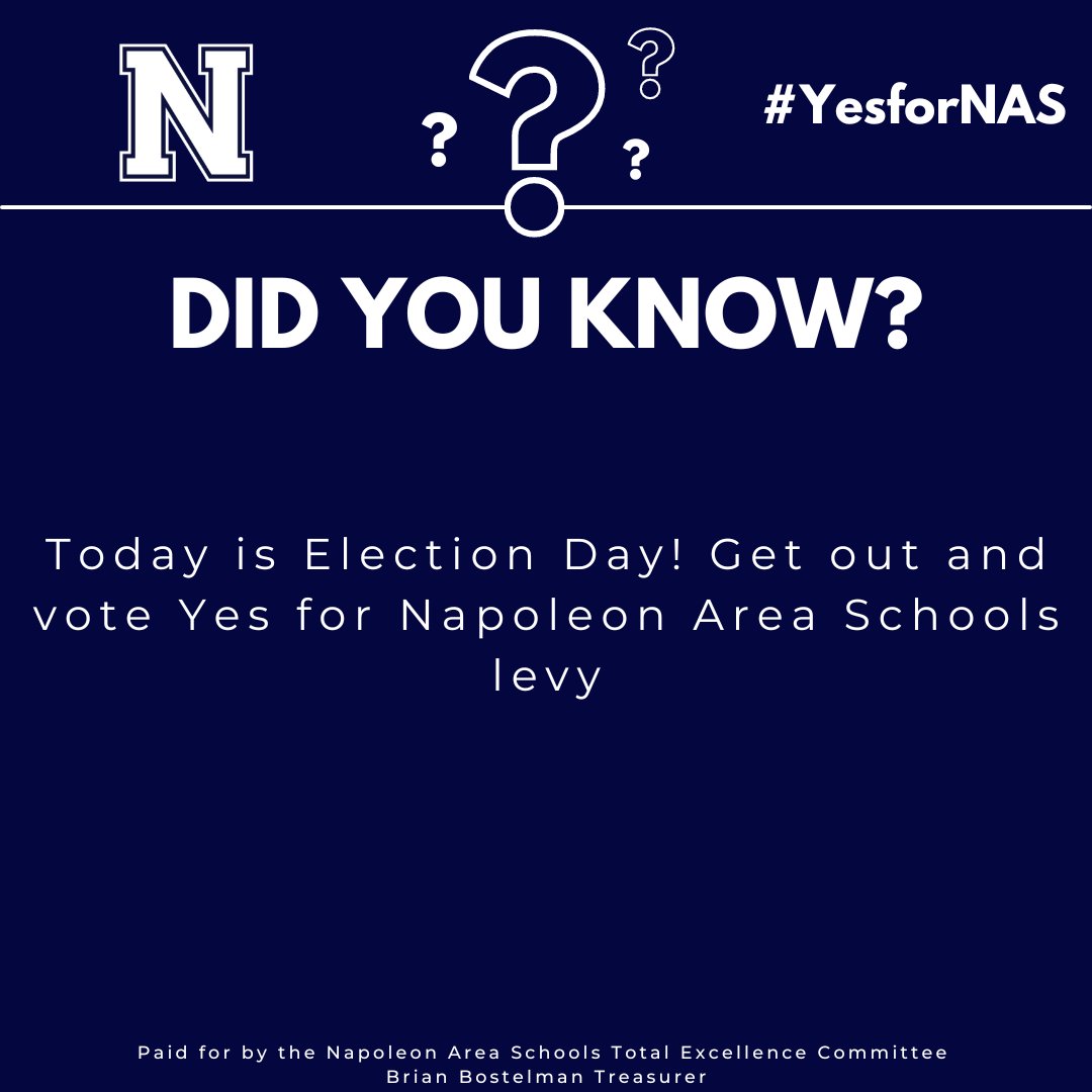 YESforNAS's tweet photo. Today is the day! Your vote matters for the future of NAS and our community. Let's come together and make a positive impact by voting YES for the levy. Every YES is an investment in our children's education and the prosperity of the Napoleon Community. #YesforNAS https://t.co/VREAwVDfet