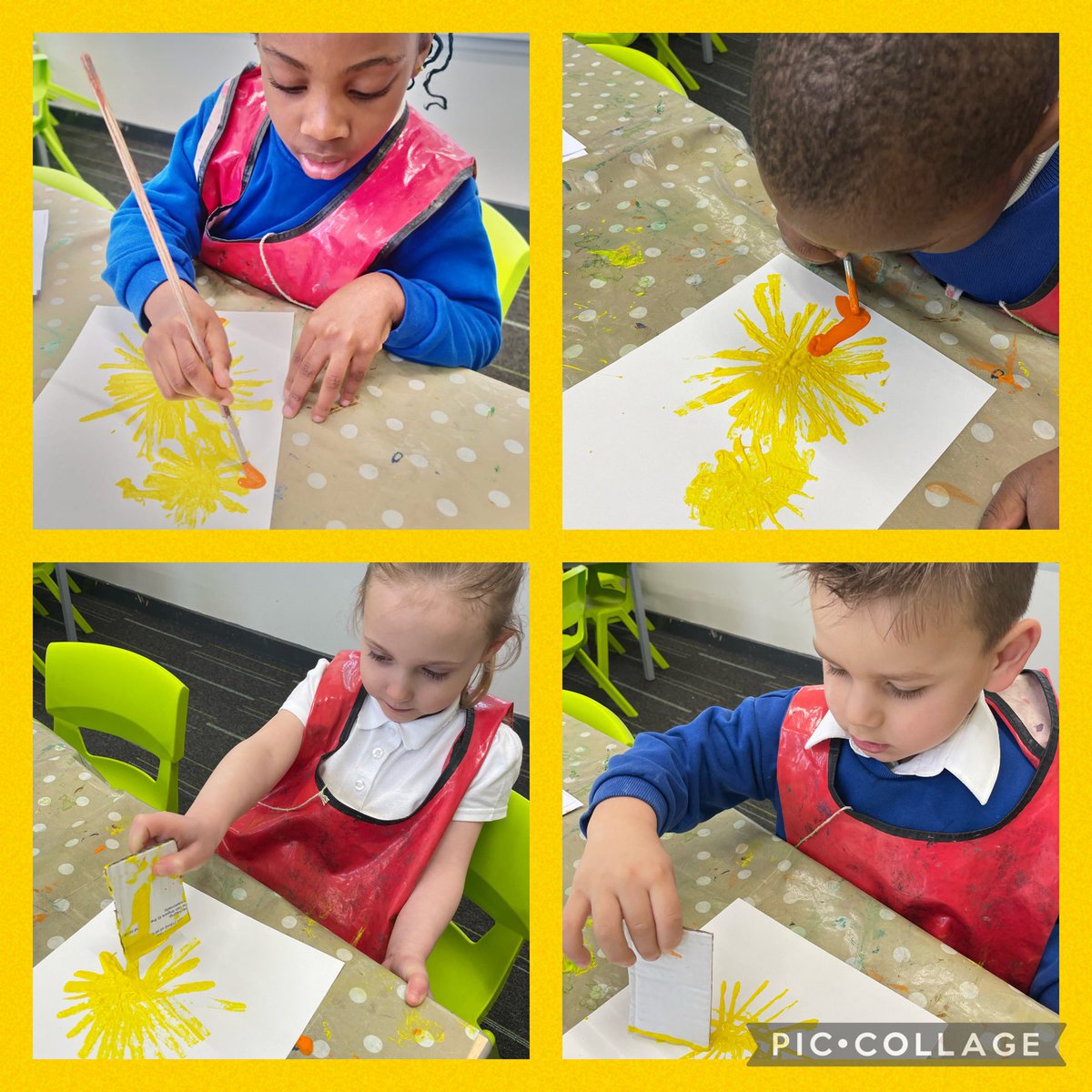 Today @NewSilksAcademy we painted  ducklings using the cardboard technique. We used a piece of cardboard to create the ducklings feathers. We then used a paint brush to create their beaks, legs and feet. The children were very proud of their creations. 
#WeAreCreative