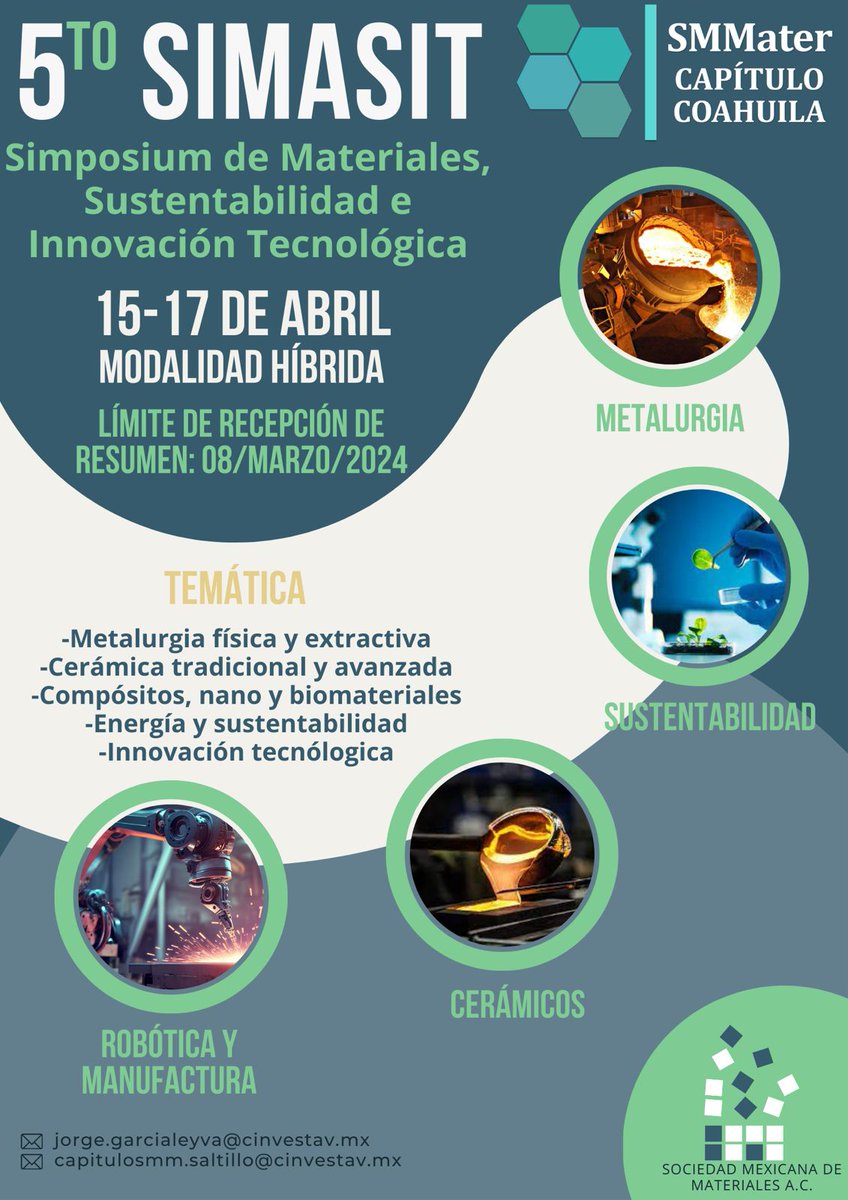ATENCION!
SE AMPLIA EL LIMITE DE RECEPCIÓN DE RESUMEN AL 22 DE MARZO.  
El Capitulo Estudiantil SMMater-Coahuila, se complace en invitarlos a participar en el V SIMASIT con sede en el Cinvestav-Saltillo.¡Te esperamos! #cinvestav, #cinvestavsaltillo #materiales #smmater