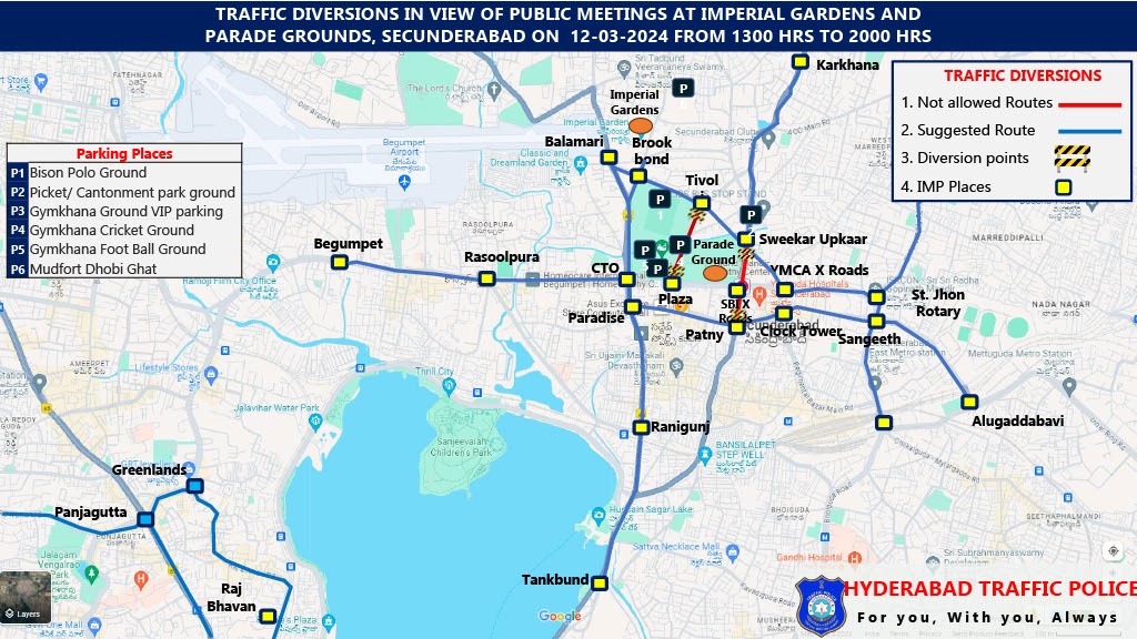 #HYDTPinfo Commuters are requested to note the #TrafficAdvisory for various programs in #Hyderabad Dt: 12.03.2024. Meetings @ #ImperialGardens, #ParadeGrounds & #LBStadium b/w 1100 hrs to 2000 hrs. For travel assistance call our traffic #HelpLine 9010203626. @AddlCPTrfHyd