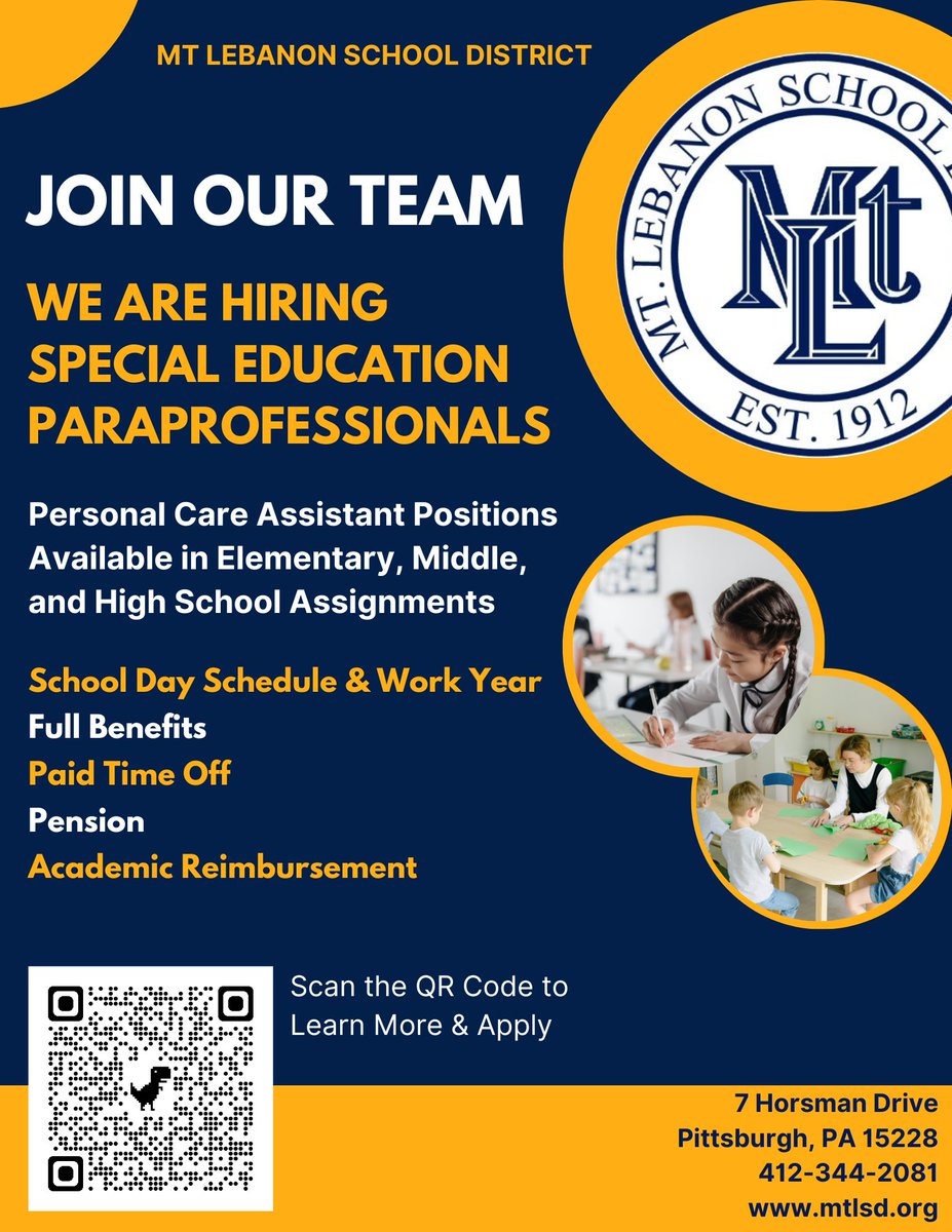 MTLSD Human Resources (@mtlsdhr) on Twitter photo Special Education Paraprofessionals help us achieve our mission <a href="/MTLSD/">MtLebanon SD</a>
Find out about what we have to offer today!
Learn more on the Job Postings Page:
applitrack.com/mtlsd/onlineap⦠Special Education Paraprofessionals help us achieve our mission <a href="/MTLSD/">MtLebanon SD</a>
Find out about what we have to offer today!
Learn more on the Job Postings Page:
applitrack.com/mtlsd/onlineapā¦