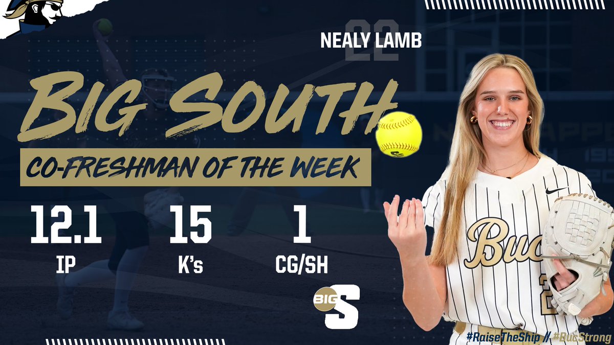 Keep doing your thing, Nealy Lamb!! 👊🤘🔥

Lamb was named Big South Co-Freshman of the Week after posting a 0.58 ERA over the weekend and striking out a career-high nine batters while tossing a complete-game shutout in a 2-0 win over Merrimack!

#RaiseTheShip // #BucStrong