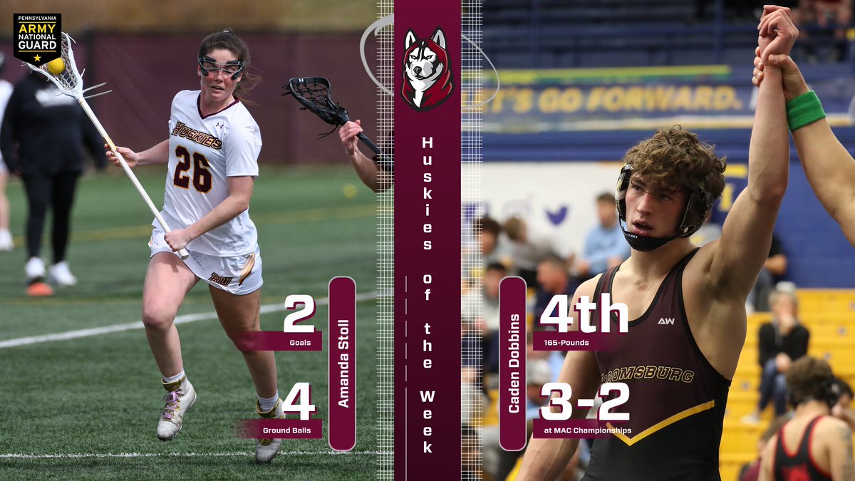 Bloomsburg Huskies (@gobuhuskies) on Twitter photo Amanda Stoll from <a href="/husky_lacrosse/">Bloomsburg Lacrosse</a> and Caden Dobbins from <a href="/BU_Wrestling/">BU Huskies Wrestling</a> are the Huskies of the Week sponsored by the PA Army National Guard!
#Unleashed Amanda Stoll from <a href="/husky_lacrosse/">Bloomsburg Lacrosse</a> and Caden Dobbins from <a href="/BU_Wrestling/">BU Huskies Wrestling</a> are the Huskies of the Week sponsored by the PA Army National Guard!
#Unleashed