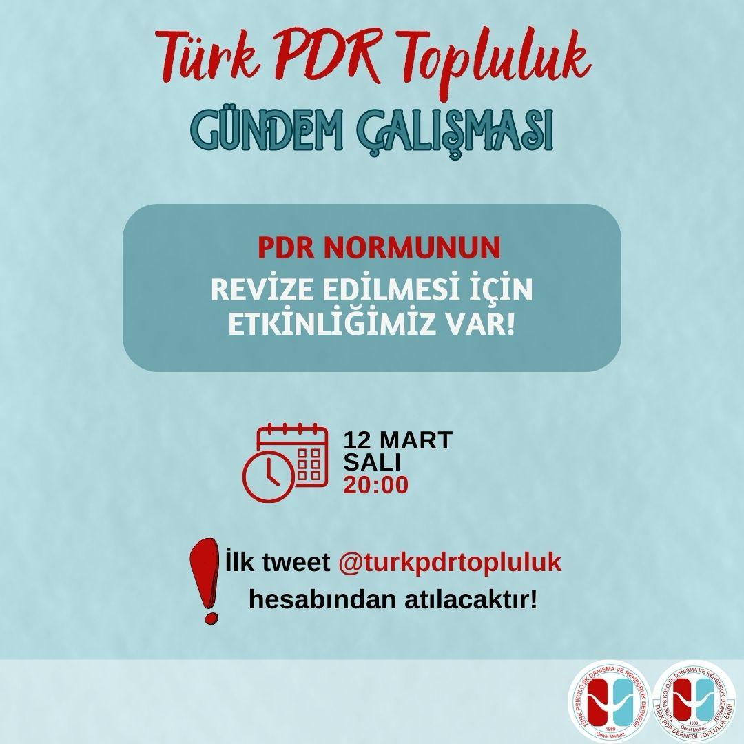 Türk PDR Topluluk ekibi tarafından, "PDR Norm Kadro Yönetmeliği Revize Sözünü" gündeme taşımak amacıyla 12 Mart Salı günü saat 20.00'de X'te TT çalışması yapılacaktır.

Tüm meslektaşlarımızın desteğini bekliyoruz.

<a href="/turkpdrdernegi/">Türk PDR Der- Psikolojik Danışma ve Rehberlik</a> 
<a href="/mesutyldrm_pdr/">Mesut YILDIRIM</a> 
<a href="/akcesmehmet/">Mehmet Akçeşme</a> 
<a href="/PFurkanden/">Furkan DENİZ</a>