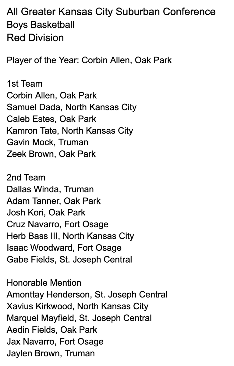 All Greater Kansas City Suburban Conference Boys Basketball Red Division Player of the Year: Corbin Allen, Oak Park Coach of the Year: Sherron Collins, Oak Park @SHERRONCOLLINS4