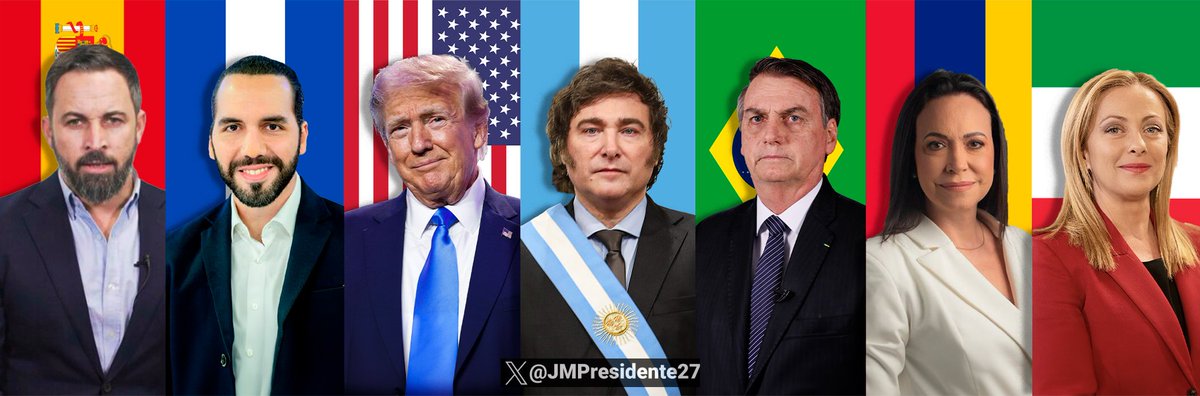crypto_degen27's tweet photo. Ahora sí.

Milei🇦🇷
Trump🇺🇸
Bukele🇸🇻
Bolsonaro🇧🇷
Abascal🇪🇸
Machado🇻🇪
Meloni🇮🇹
Para terminar con el comunismo internacional y la Agenda 2030.
¿Los apoyas? 👇 https://t.co/iVhcvn7MZn