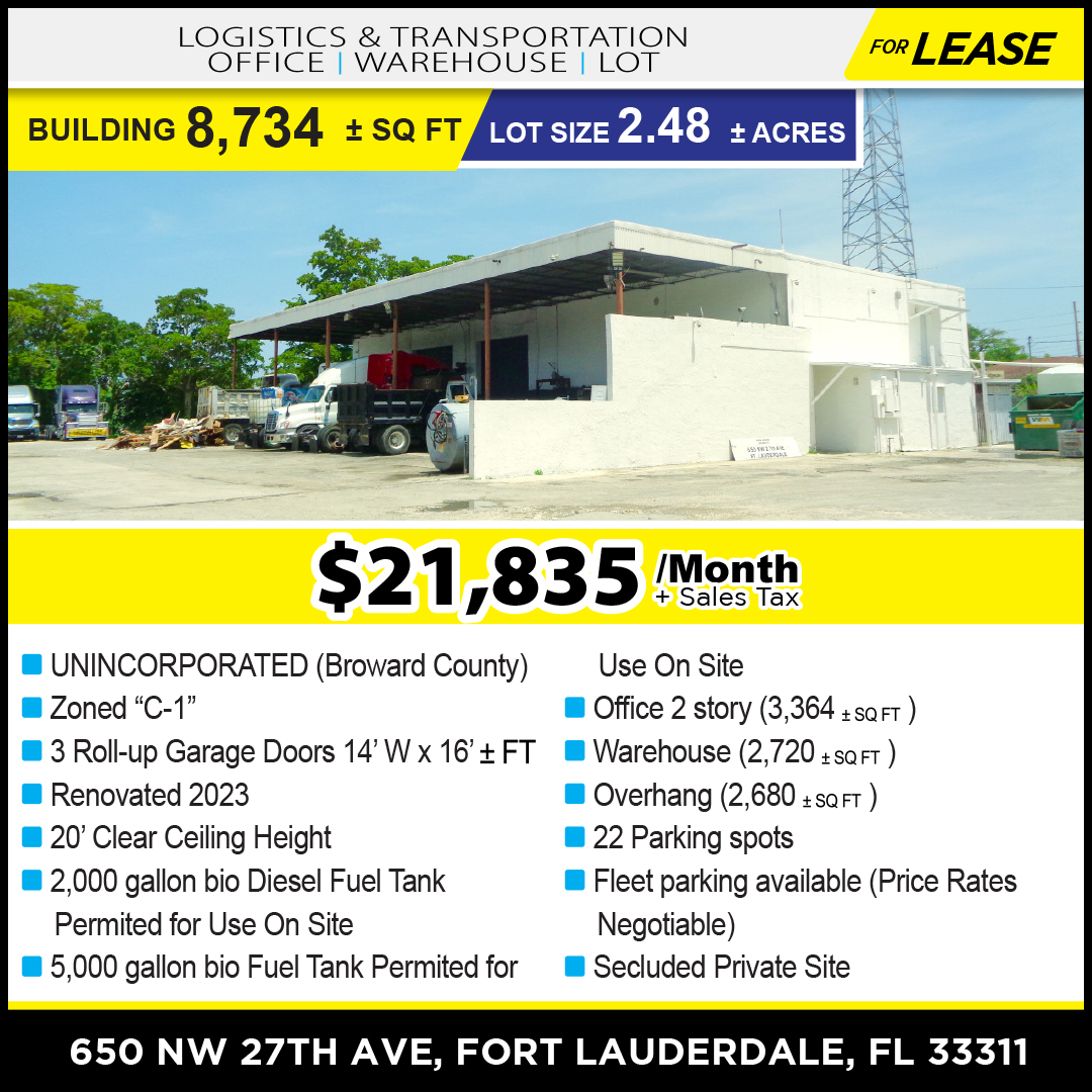 Office/Warehouse Lot | 8,734 SF | Fort Lauderdale, FL 33311
Please reach out if you have any questions. 
954-224-8773 / trec@joepelayo.com
#commercialrealestate #LEASE