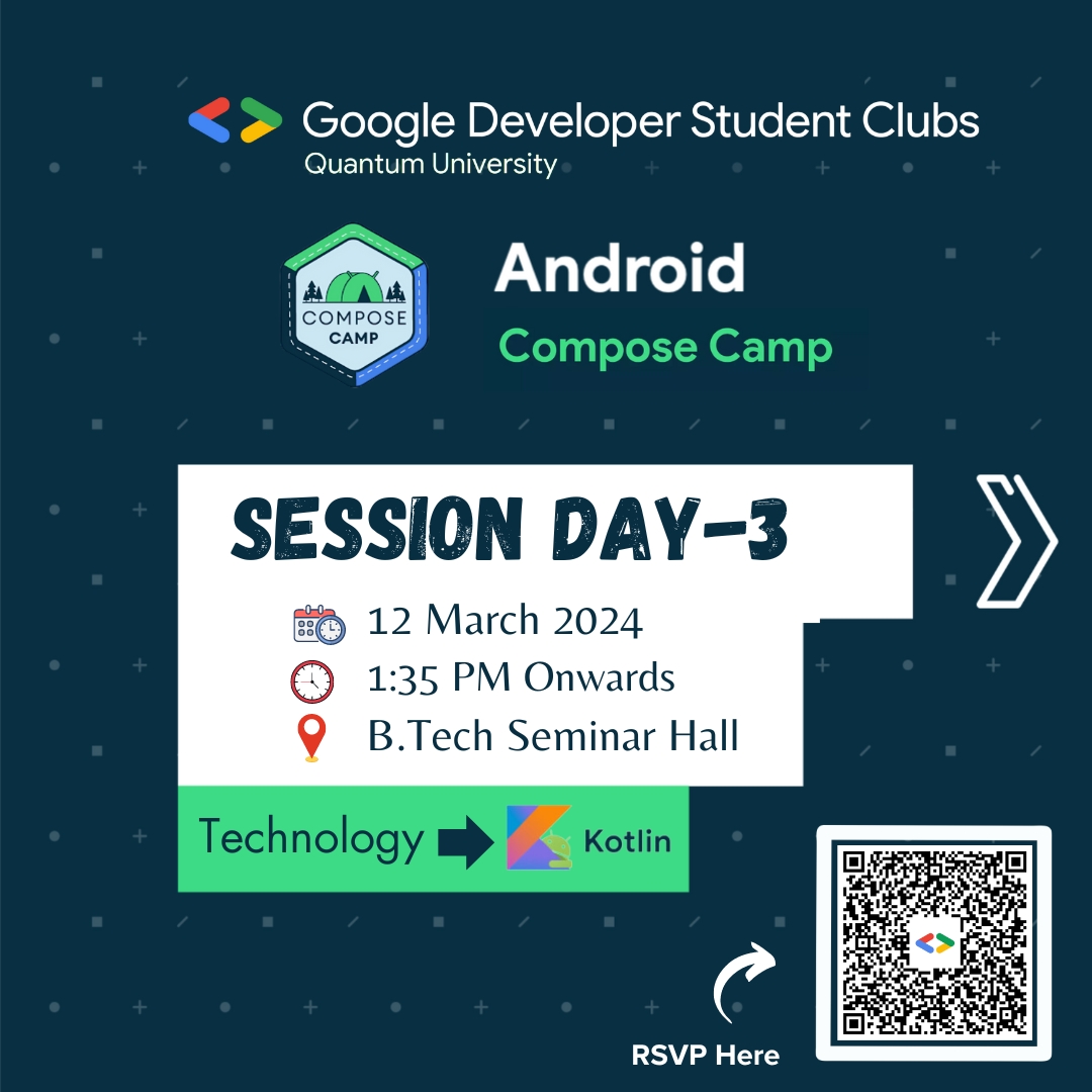 GDG_QuantumUni's tweet photo. Day 3 Excitement: Android Compose Camp! 🌈

Hey Coding Maestros,

Get ready for a coding spree like no other! 🌟

Day 3 Extravaganza: Crafting Your First App with Jetpack Compose! https://t.co/IBTYAL6vfa