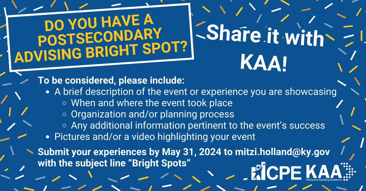 advisingky's tweet photo. Share how you're #WellAdvised !! The KAA seeks to promote promising postsecondary advising practices and success stories in Kentucky schools and communities. We invite you to submit postsecondary advising experiences you organize to support your students in their journey. https://t.co/XQzw3pdYE9