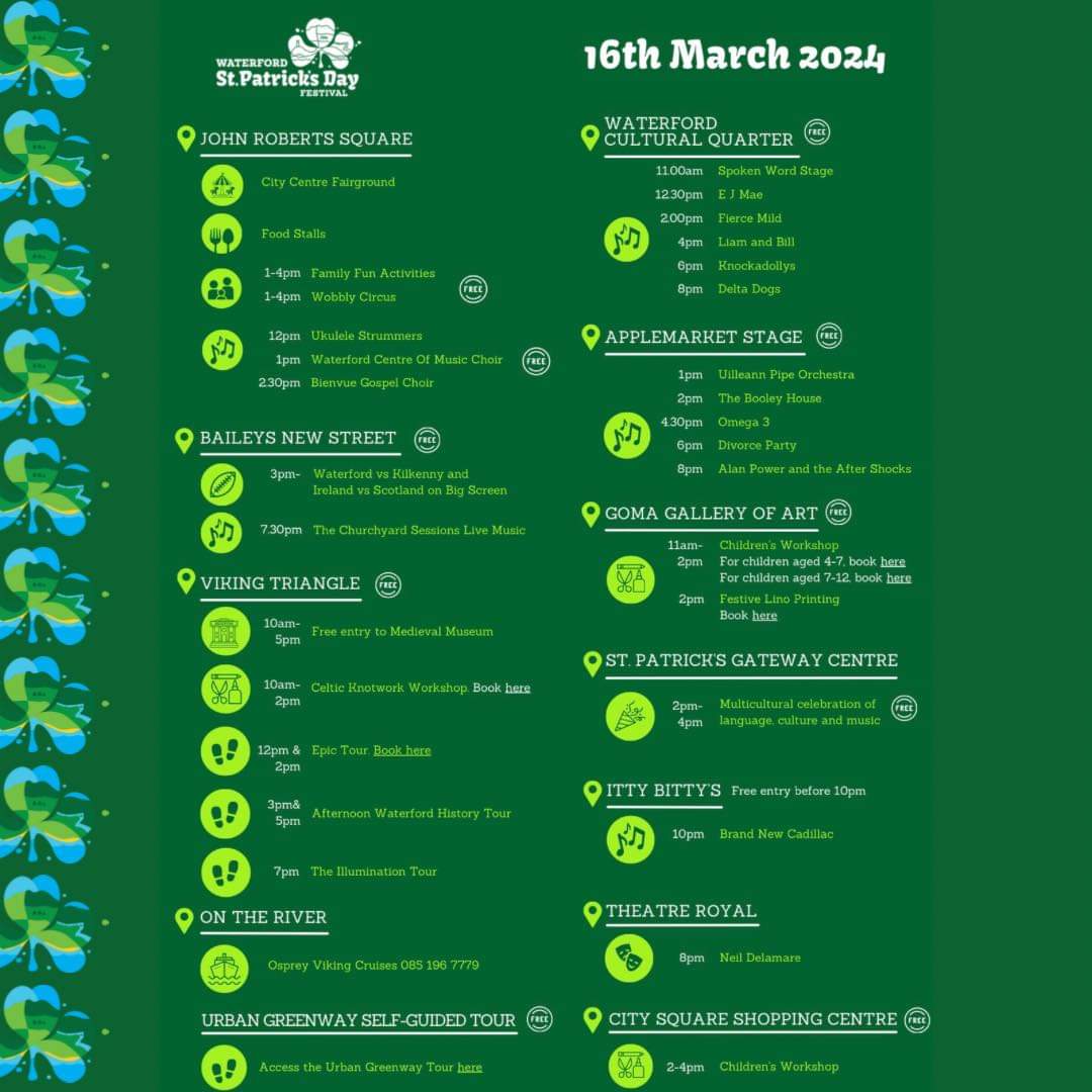 WaterfordPocket's tweet photo. We can't wait for the Waterford St. Patrick's Festival which kicks off this Friday (15th) and finishes on Monday (18th)!

Check out the amazing programme that's happening in Waterford City!

#waterford #Ireland #stpatricksday #stpatrick #stpatricksfestival https://t.co/5ZRF94jaMM