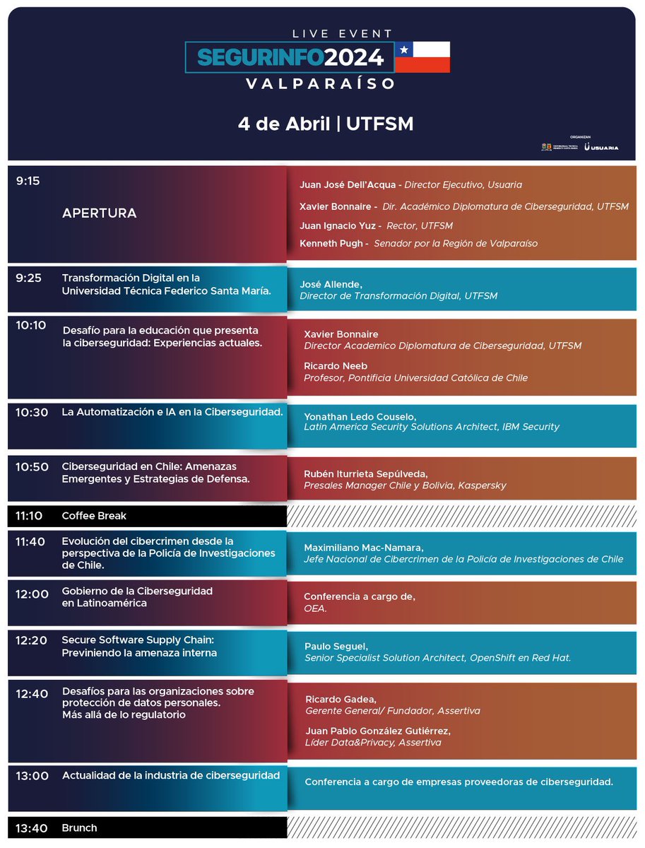 usuaria's tweet photo. #SegurinfoValparaiso2024 📆 #SaveTheDate Falta solo un mes para una nueva edición de #Segurinfo en Valparaiso 🇨🇱🚀¡Compartimos la agenda de este imperdible evento! 📌
Inscripción al #LiveEvent ✅ https://t.co/rDB7CJcw8b https://t.co/MKW4XtyAFI