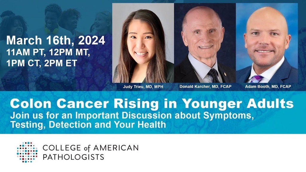 Adam L. Booth, MD (@alboothmd) on Twitter photo Join Gastroenterologist <a href="/TrieuMD/">Judy Trieu, MD, MPH</a>, <a href="/Pathologists/">CAPathologists</a> President <a href="/DonKarcherMD/">Donald Karcher, MD, FCAP</a>, and myself live March 16th as we discuss Rising Colon Cancer in Younger Adults
youtube.com/watch?v=fuMRMg…
#pathology #gastroenterology #gipath #coloncancerawareness #crcsm Join Gastroenterologist <a href="/TrieuMD/">Judy Trieu, MD, MPH</a>, <a href="/Pathologists/">CAPathologists</a> President <a href="/DonKarcherMD/">Donald Karcher, MD, FCAP</a>, and myself live March 16th as we discuss Rising Colon Cancer in Younger Adults
youtube.com/watch?v=fuMRMg…
#pathology #gastroenterology #gipath #coloncancerawareness #crcsm