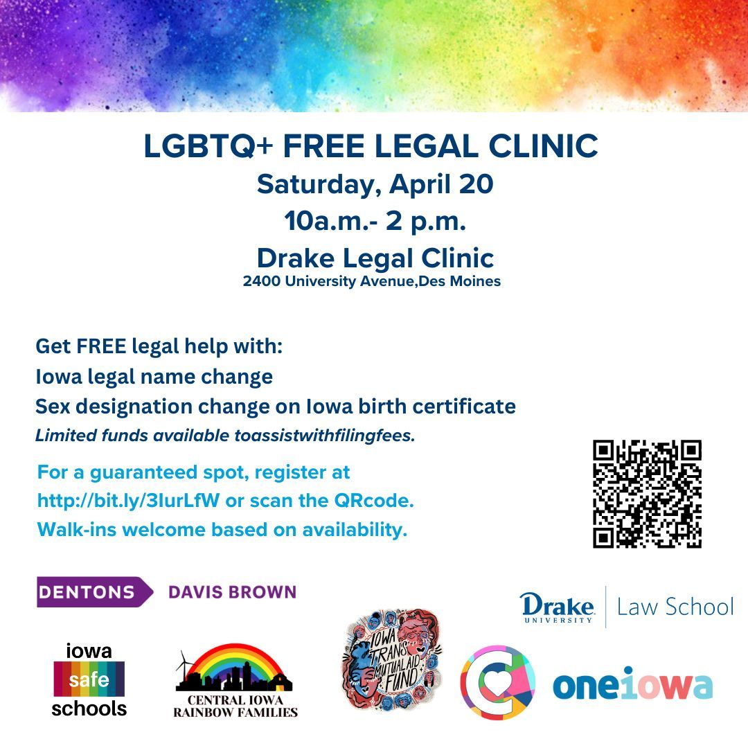 Join us at the LGBTQ+ Free Legal Clinic on Saturday, April 20th, from 10 a.m. to 2 p.m. at the Drake Legal Clinic. Secure your spot by registering at buff.ly/3ItKOHf or simply scan the QR code. Walk-ins are welcome based on availability.