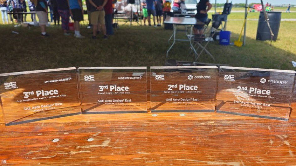 Our team had a great weekend at SAE Aero Design East! It was great to fly our planes and meet teams from other universities!

We are bringing home some hardware! Our team won four awards:

3rd Place Advanced Class Overall
2nd Place Regular Class Design
2nd Place Advanced Class