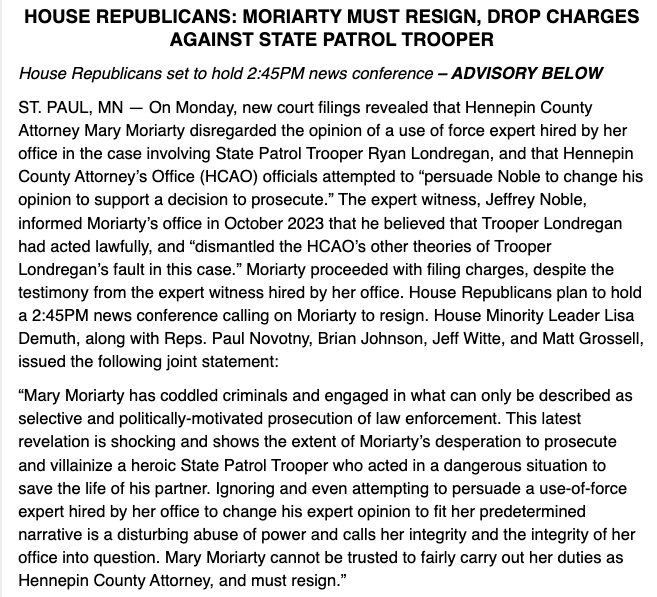 BREAKING: Minnesota House Republicans are set to hold a press conference this afternoon calling on Hennepin County Attorney Mary Moriarty to resign.