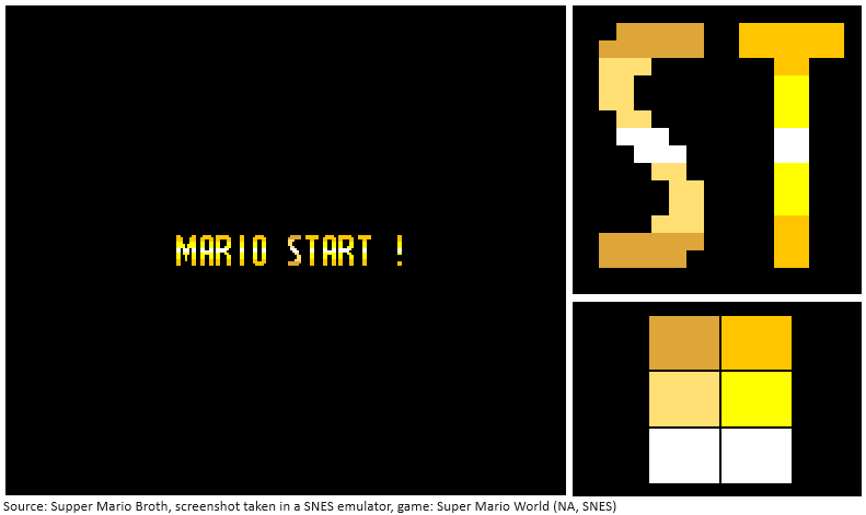 In Super Mario World, the "S" in the "MARIO START!" screen at the beginning of every level actually has a slightly different color palette than the rest of the letters.
