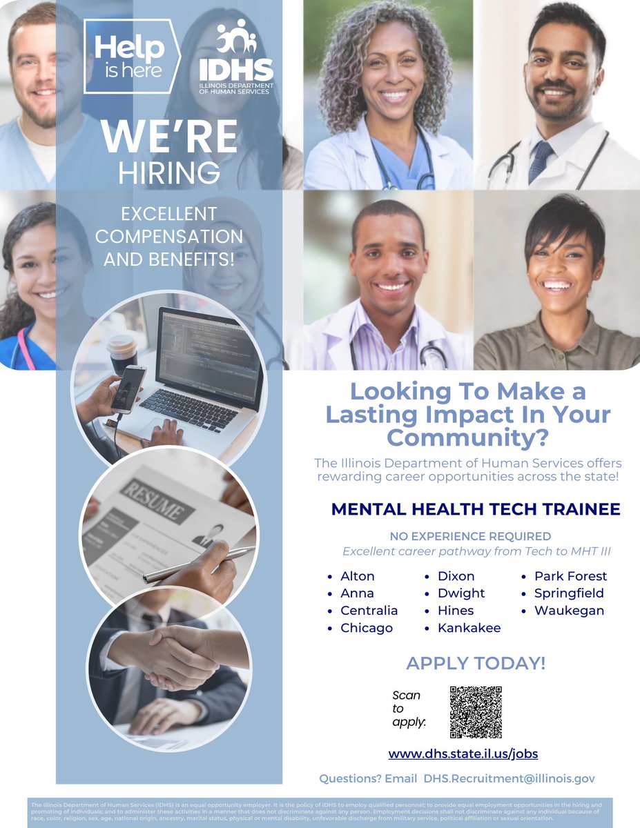 Apply, Work, Succeed with DHS!

We continuously hire professionals to advance the mission of the agency and offer positions throughout the state of Illinois!

To view and apply: dhs.state.il.us/jobs

#CNA #GreatBenefits #rewardingwork