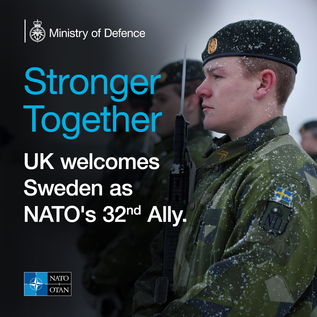 The UK 🇬🇧 welcome Sweden 🇸🇪 as NATO’s 32nd member. Its accession makes NATO stronger, Allies safer, and the Euro-Atlantic area more secure.