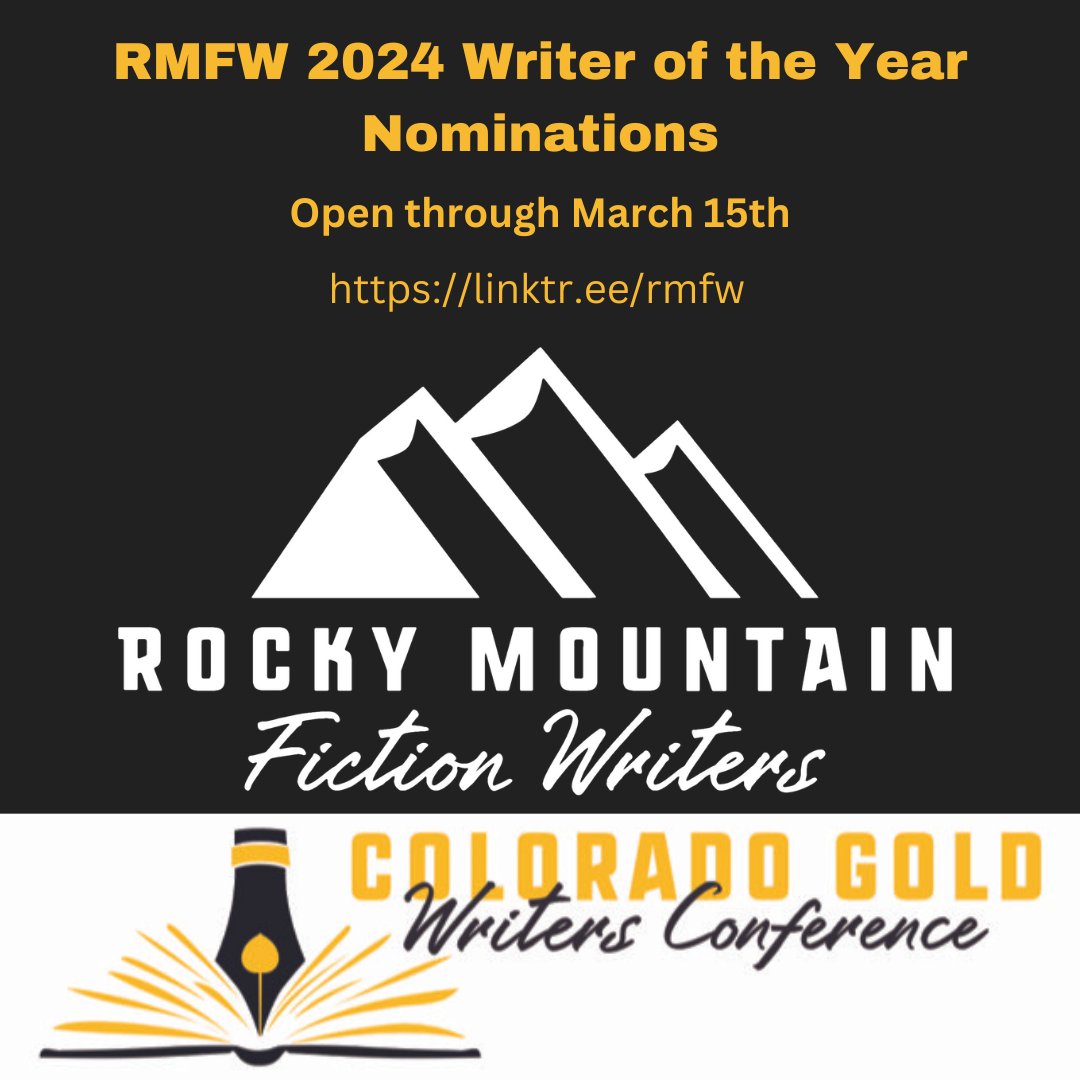 RMFW Writer of the Year 2024 nominations are closing Friday! Get your nominations in now! linktr.ee/rmfw #IamRMFW #COGold2024 #writingconference #writingcommunity