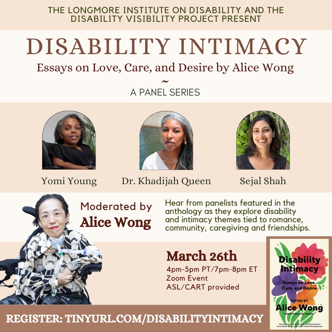 Join us for our first Disability Intimacy Zoom event on March 26th at 4pm PT as we hear from folks featured in Alice Wong's upcoming anthology! tinyurl.com/DisabilityInti… 

<a href="/SFdirewolf/">Alice Wong 王美華</a> @sejalshahwrites